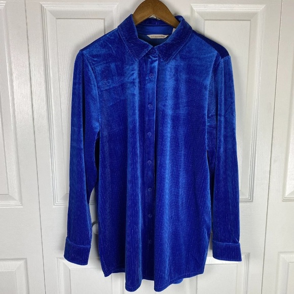 Soft Surroundings Tops - Royal Blue Velvet Button-up Blouse | Large | Soft Surroundings | Silver Stripes